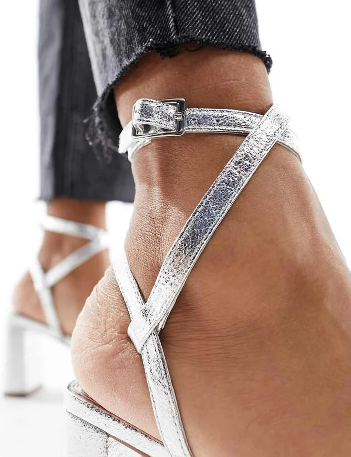 ASOS DESIGN Hampstead mid heel sandals in silver - Image 3