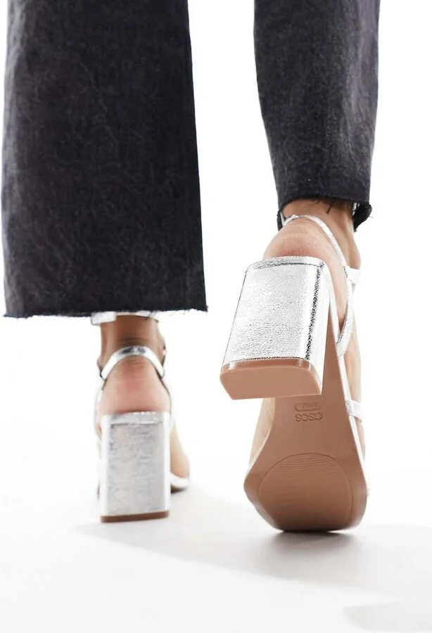 ASOS DESIGN Hampstead mid heel sandals in silver - Image 4