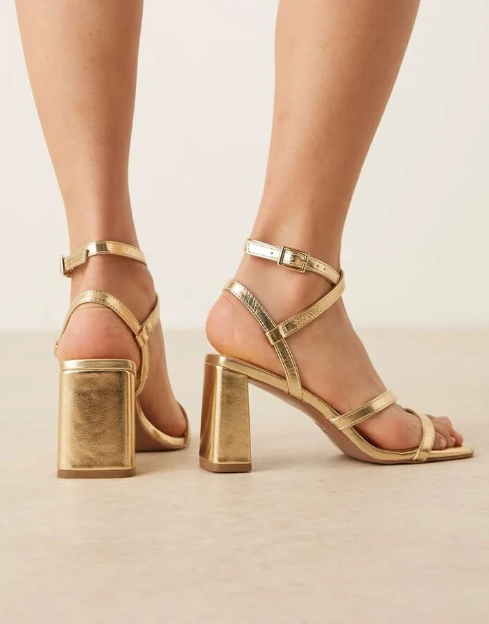 ASOS DESIGN Hampstead mid heeled sandals in gold - Image 4