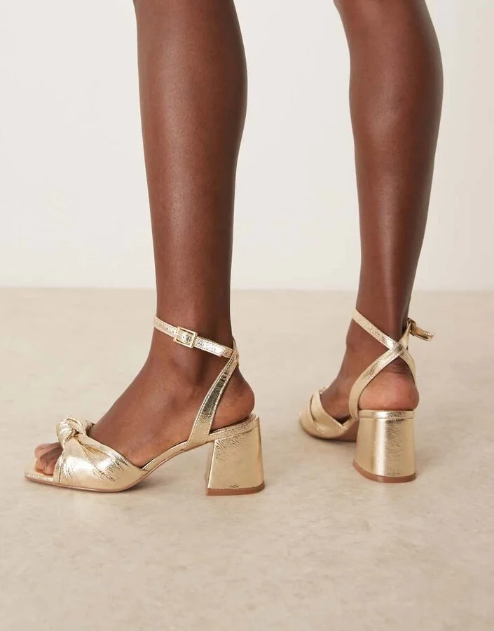 ASOS DESIGN Hansel knotted mid heeled sandals in gold - Image 3