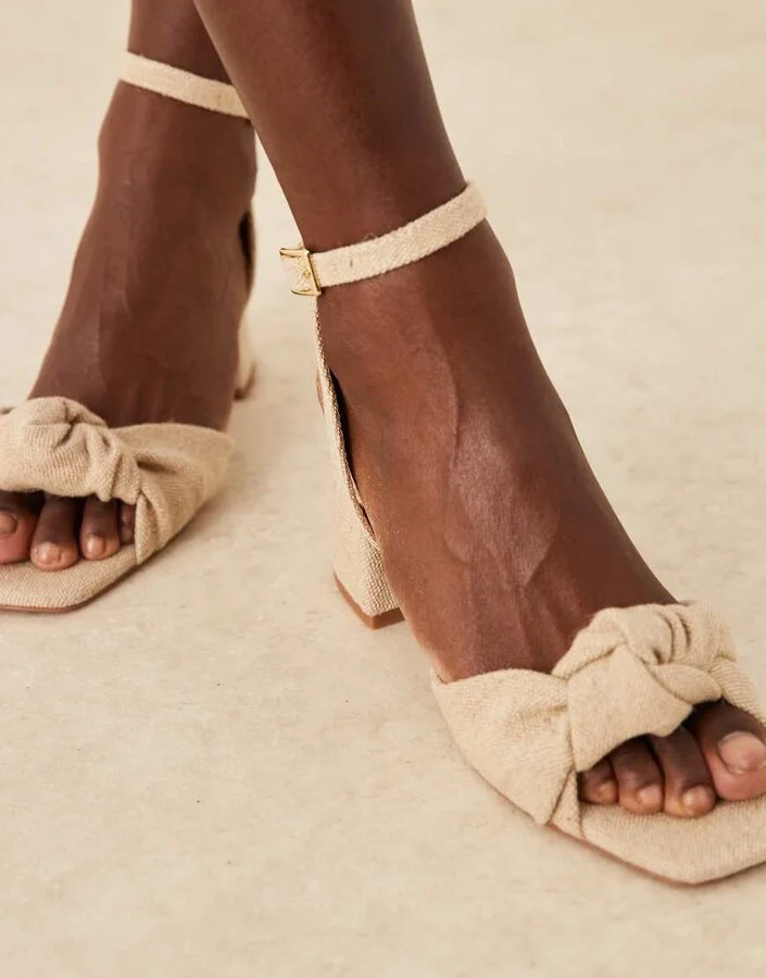 ASOS DESIGN Hansel knotted mid heeled sandals in natural fabrication - Image 4