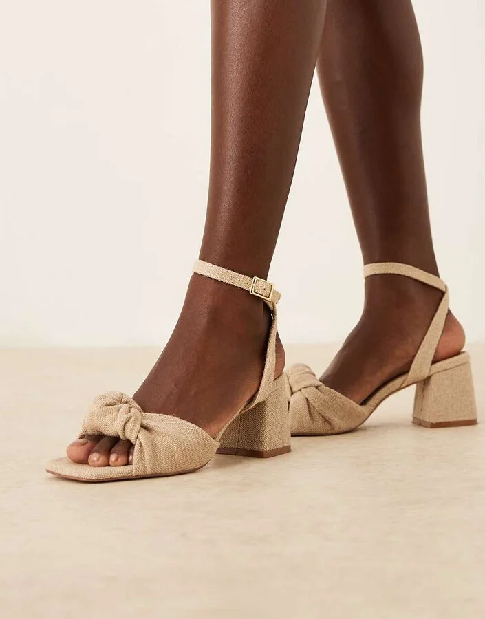 ASOS DESIGN Hansel knotted mid heeled sandals in natural fabrication