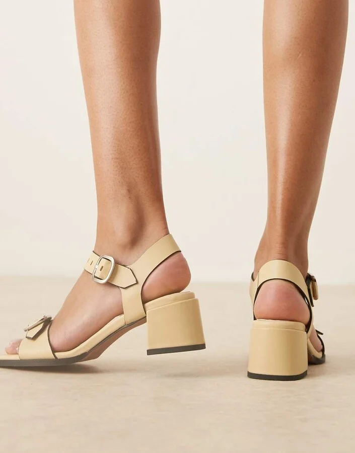 ASOS DESIGN Harland premium leather buckle detail mid heeled shoes in buttermilk - Image 2
