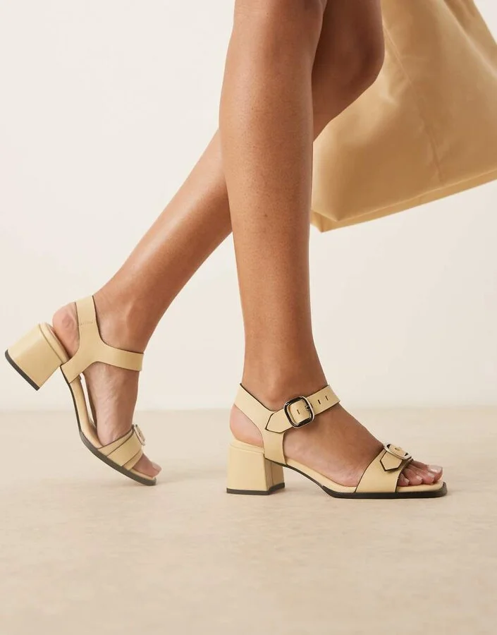 ASOS DESIGN Harland premium leather buckle detail mid heeled shoes in buttermilk - Image 4