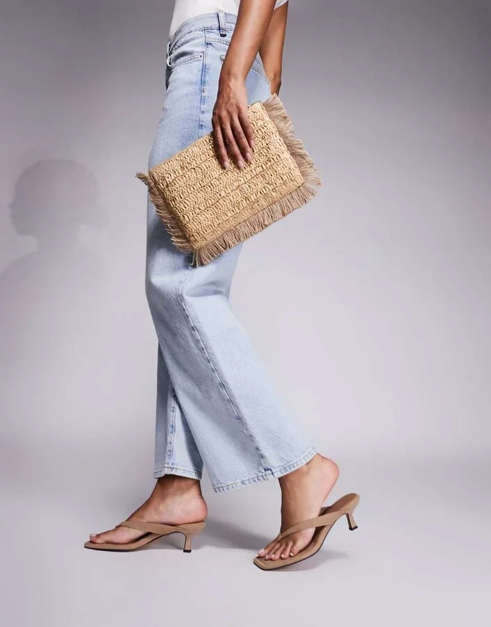 ASOS DESIGN Hawaii kitten heeled flip flops in taupe suedette - Image 4
