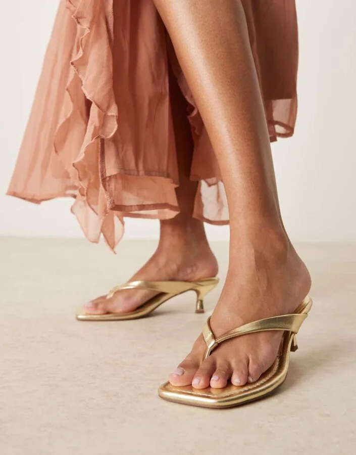 ASOS DESIGN Hawaii toe thong kitten heel sandals in gold