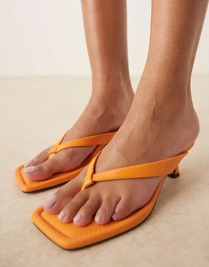 ASOS DESIGN Hawaii toe thong kitten heeled sandals in orange - Image 2