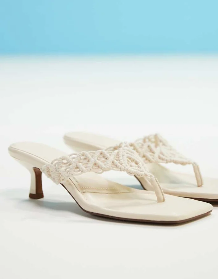 ASOS DESIGN Hawaii weave toe thong kitten heel sandals in off - Image 3