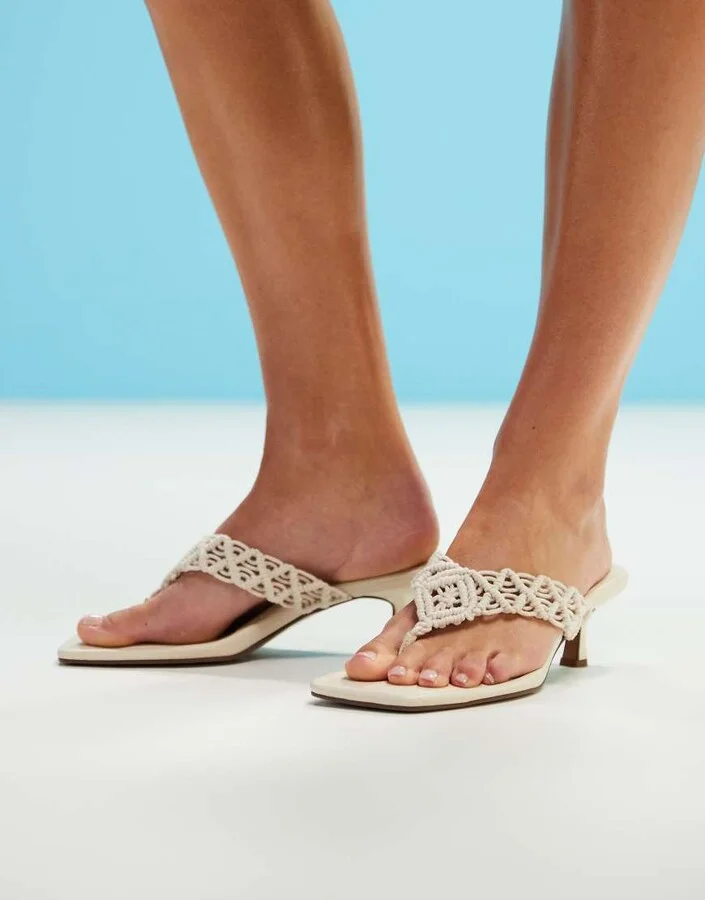 ASOS DESIGN Hawaii weave toe thong kitten heel sandals in off