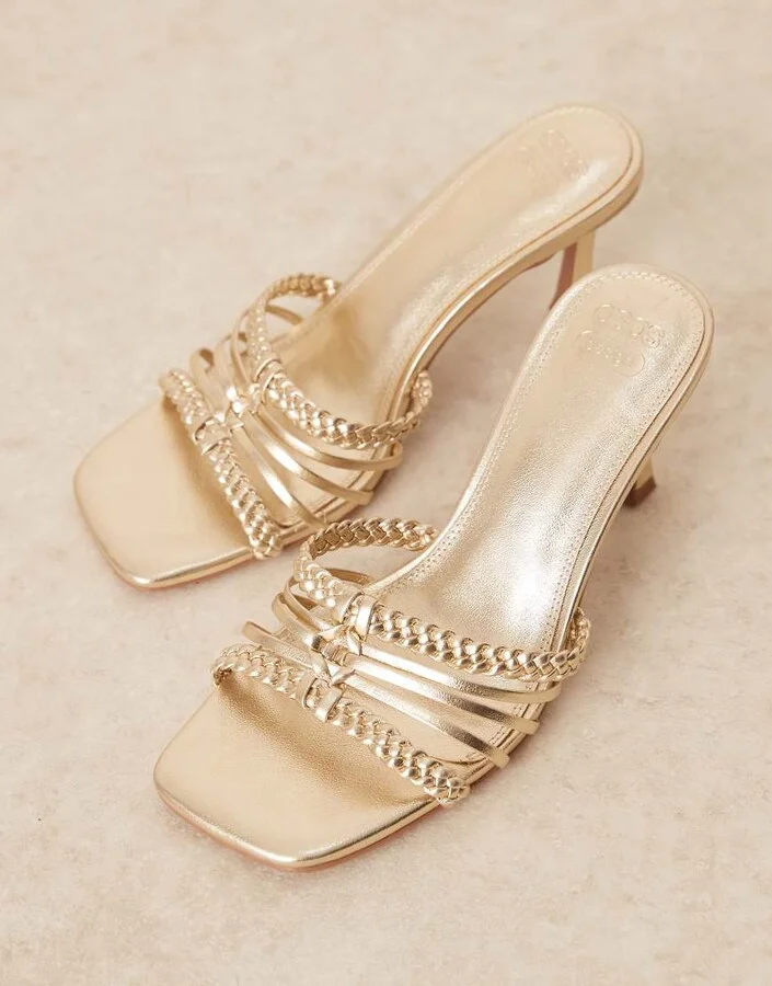 ASOS DESIGN Hazel plaited cage mid heeled mules in gold - Image 2