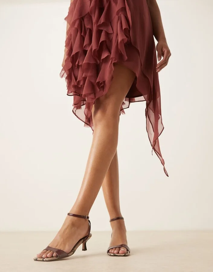 ASOS DESIGN Heart Throb barely there kitten heel sandals in burgundy and snake - Image 3