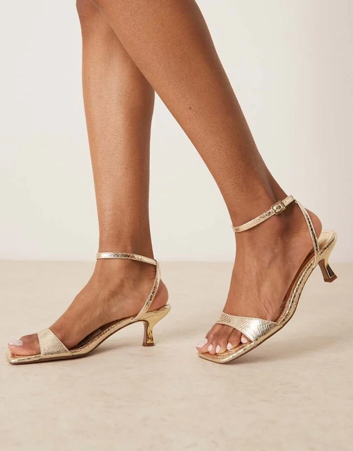 ASOS DESIGN Heart Throb barely there kitten heel sandals in gold - Image 4