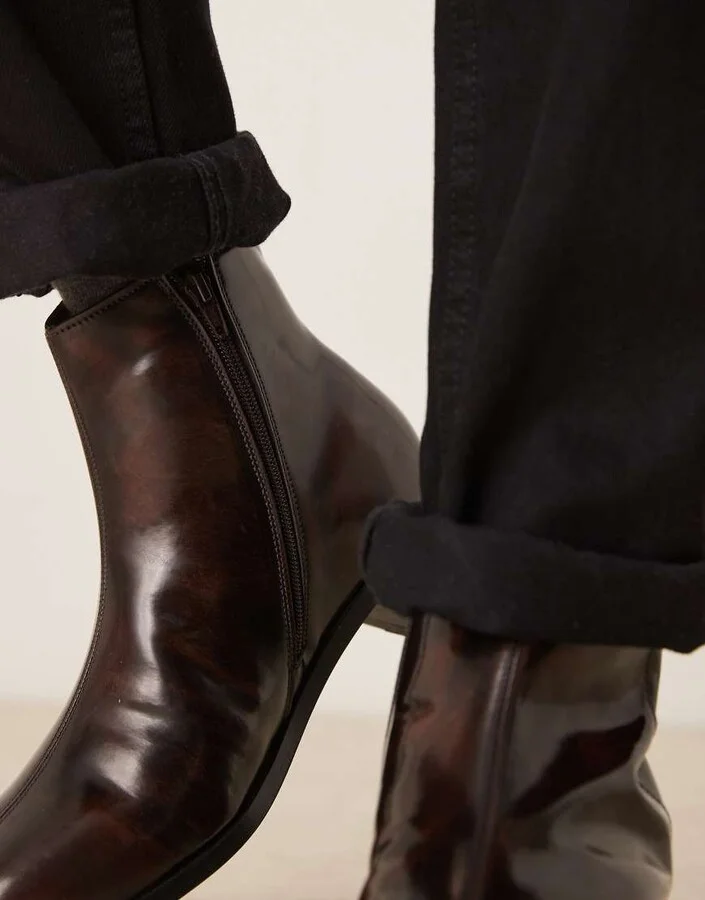 ASOS DESIGN heeled boots in brown burnished leather - Image 3