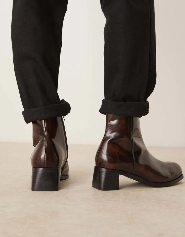 ASOS DESIGN heeled boots in brown burnished leather - Image 4