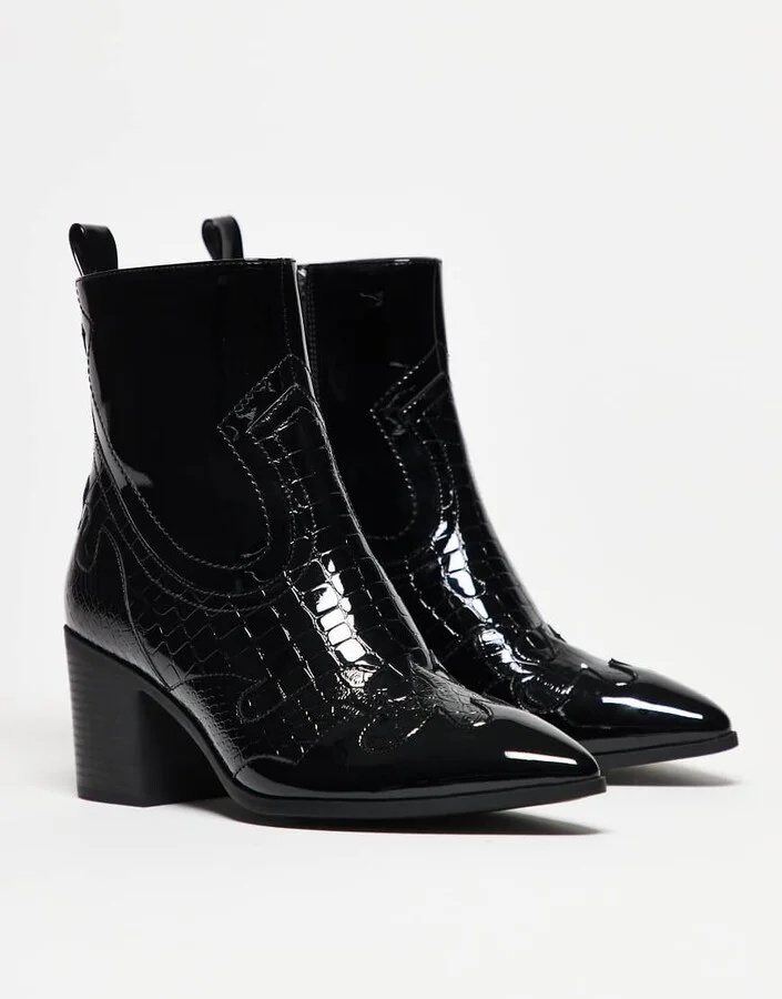 ASOS DESIGN heeled Chelsea boots in black patent with western detail - Image 2