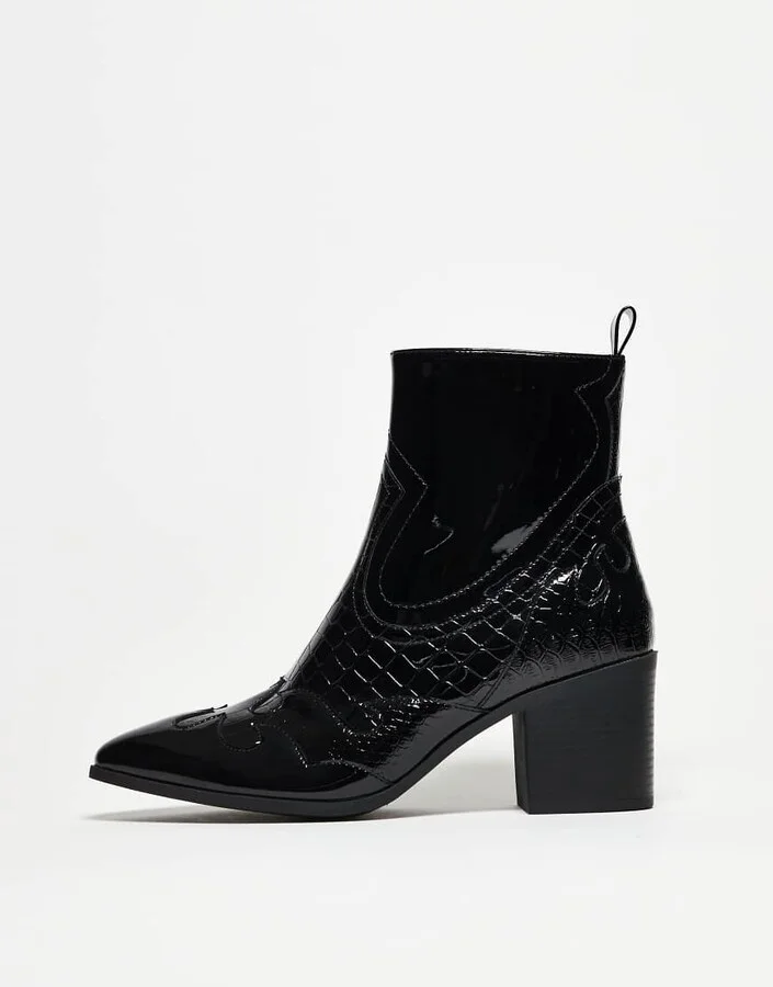 ASOS DESIGN heeled Chelsea boots in black patent with western detail