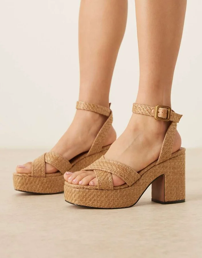 ASOS DESIGN Henley platform mid heeled sandals in natural raffia - Image 2