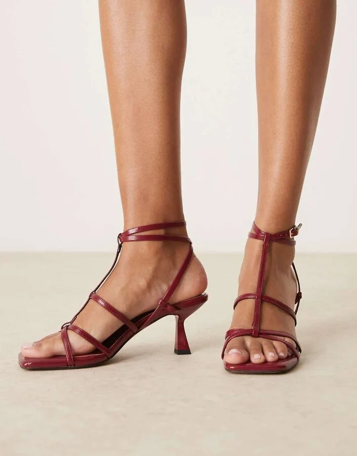 ASOS DESIGN Highlight caged mid heeled sandals in dark cherry