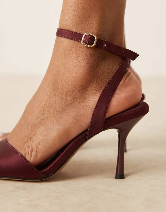 ASOS DESIGN Hollow barely there heeled sandals in burgundy satin - Image 3