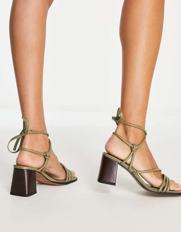 ASOS DESIGN Hollow strappy tie leg mid heeled sandals in green - Image 3