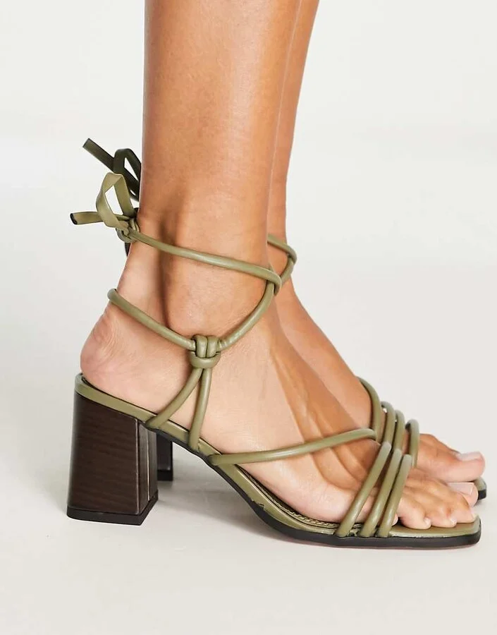 ASOS DESIGN Hollow strappy tie leg mid heeled sandals in green - Image 4