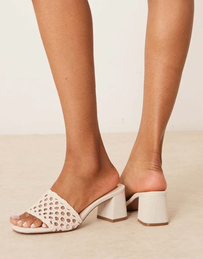 ASOS DESIGN honeycomb weave detail mid heel mules in off-white - Image 3