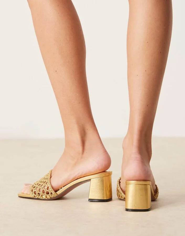ASOS DESIGN Honeycomb weave detail mid heeled mules in gold - Image 2