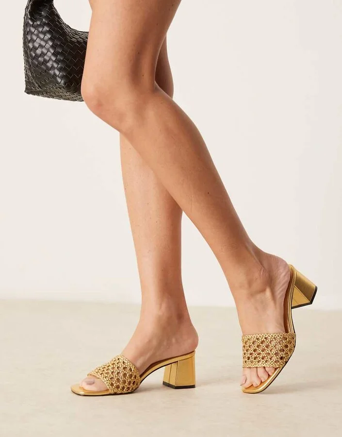 ASOS DESIGN Honeycomb weave detail mid heeled mules in gold
