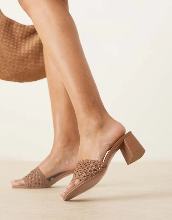ASOS DESIGN Honeycomb woven detail mid heeled mules in tawny brown - Image 2