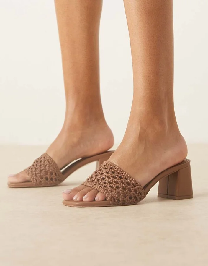 ASOS DESIGN Honeycomb woven detail mid heeled mules in tawny brown