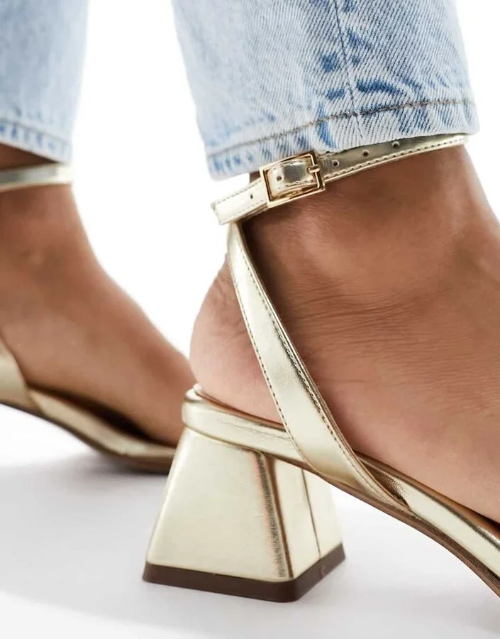 ASOS DESIGN Honeydew mid block heeled sandals in gold - Image 4