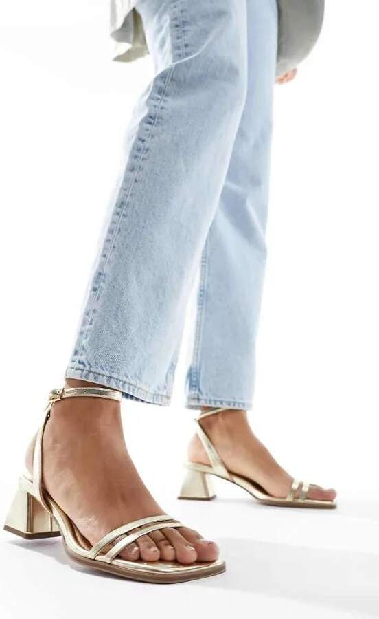 ASOS DESIGN Honeydew mid block heeled sandals in gold