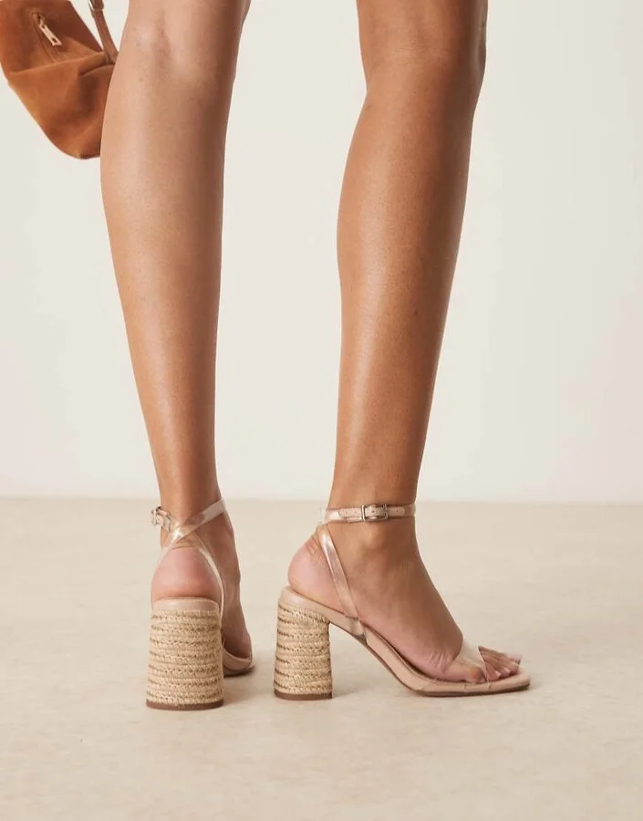 ASOS DESIGN Hotel barely there block heeled sandals in clear and raffia - Image 4
