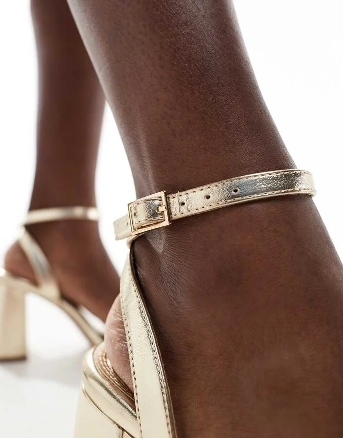 ASOS DESIGN Hotel barely there block heeled sandals in gold - Image 4