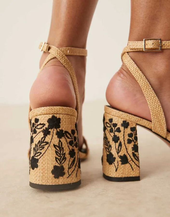 ASOS DESIGN Hotel embroidered barely there block heel sandals in stone - Image 4