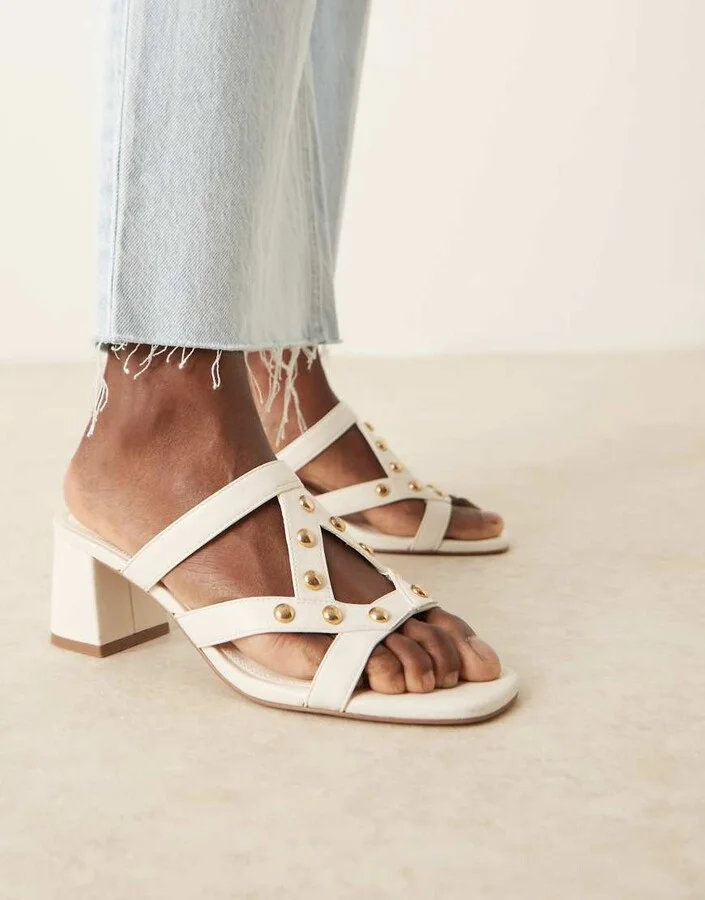 ASOS DESIGN Howdy stud detail caged mid heeled mules in off white - Image 2