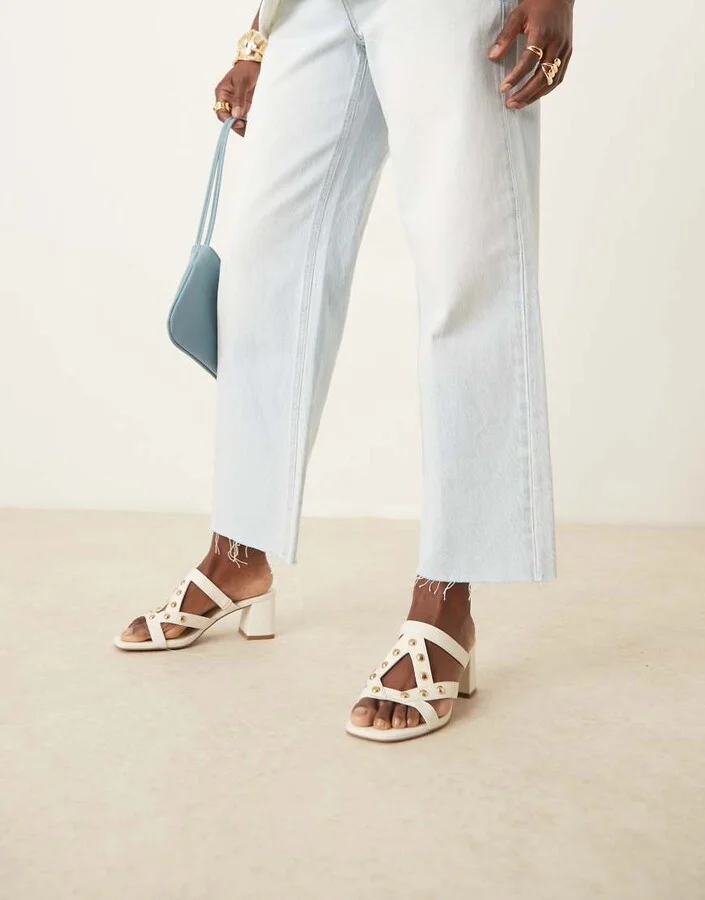 ASOS DESIGN Howdy stud detail caged mid heeled mules in off white - Image 3