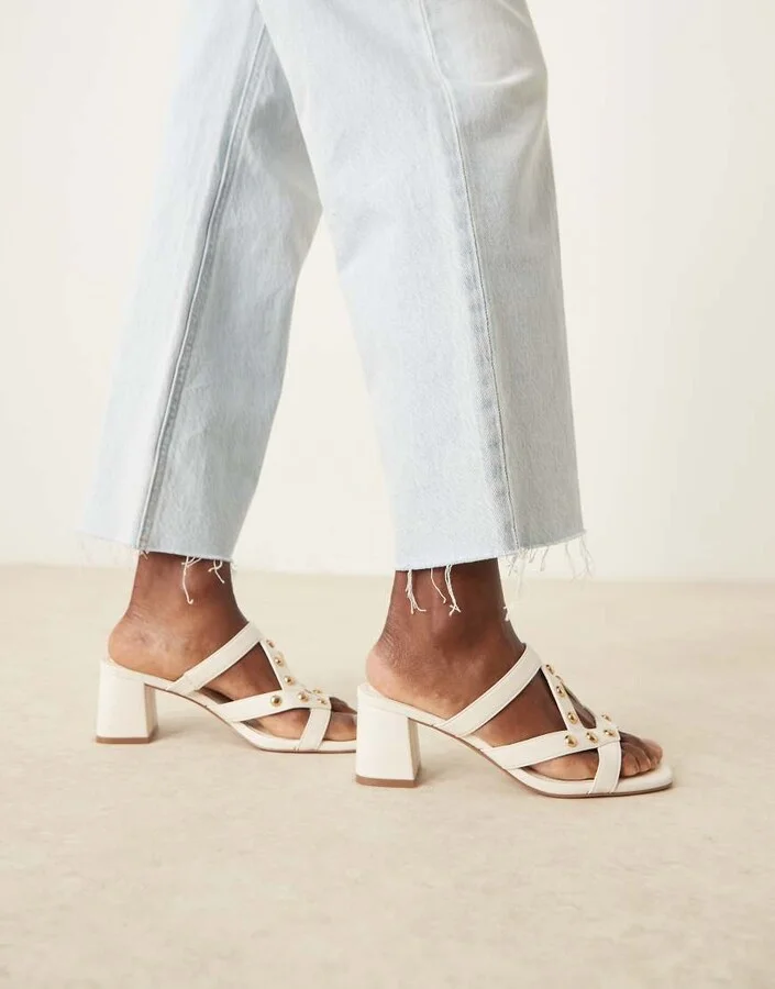 ASOS DESIGN Howdy stud detail caged mid heeled mules in off white - Image 4