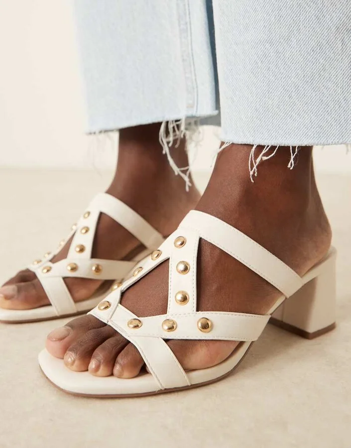 ASOS DESIGN Howdy stud detail caged mid heeled mules in off white