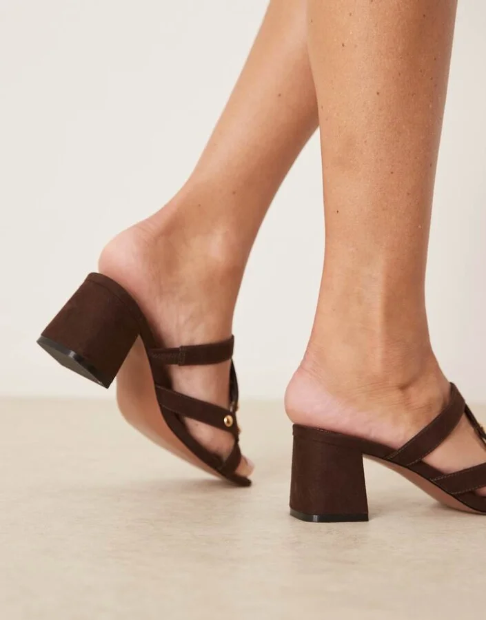 ASOS DESIGN Howdy suedette stud detail caged mid heel mules in chocolate - Image 3