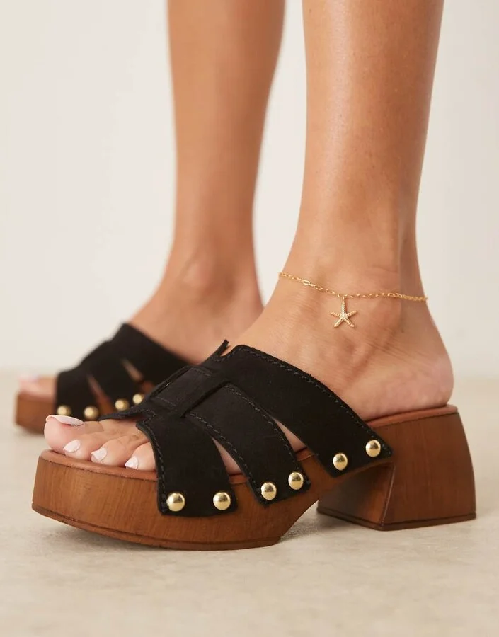 ASOS DESIGN Hudson premium suede mid heeled clog mules in black - Image 2