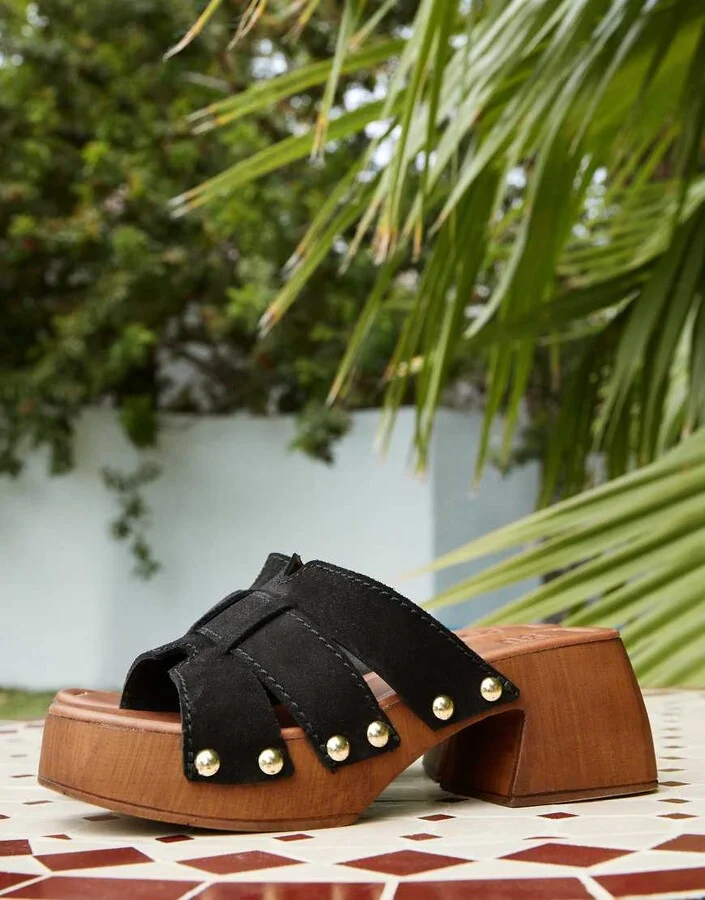 ASOS DESIGN Hudson premium suede mid heeled clog mules in black