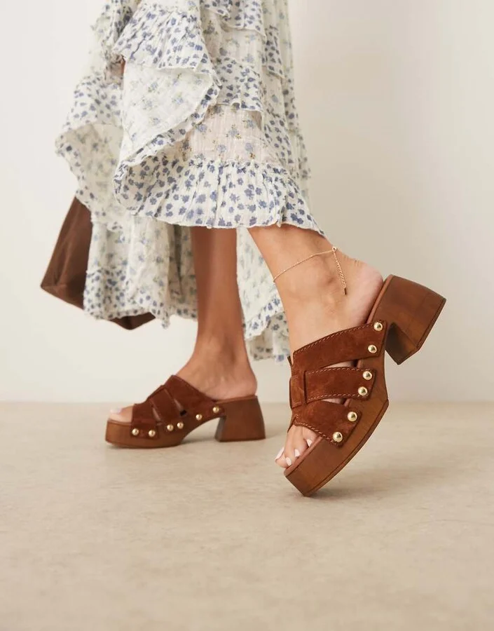 ASOS DESIGN Hudson premium suede mid heeled clog mules in camel