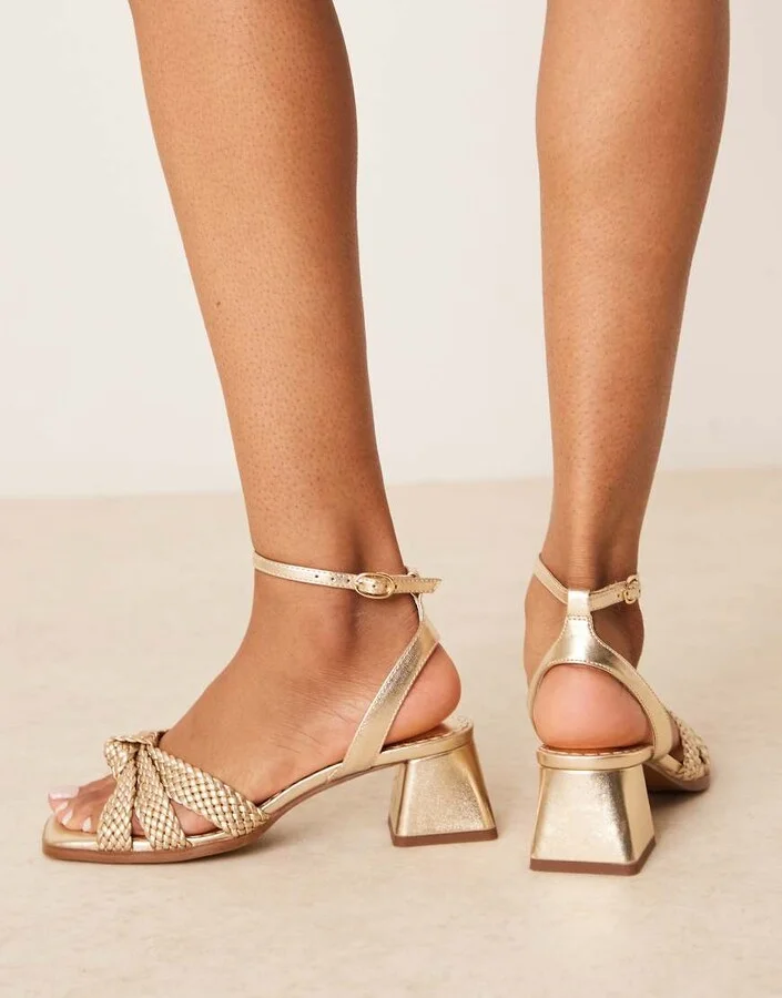 ASOS DESIGN Hummingbird weave detail mid block heel sandals in gold - Image 4