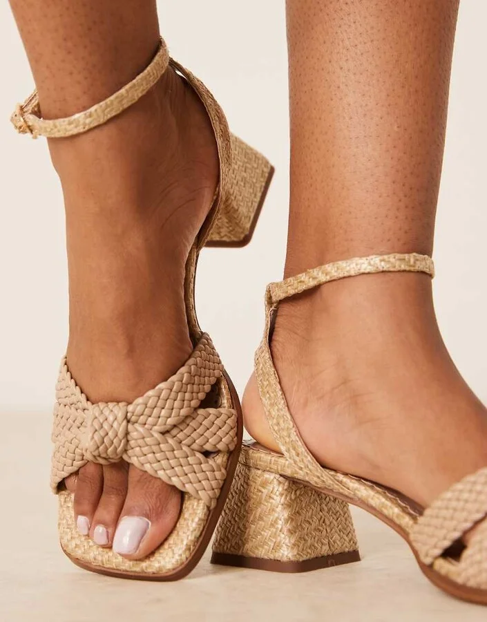 ASOS DESIGN Hummingbird weave detail mid block heel sandals in stone - Image 3