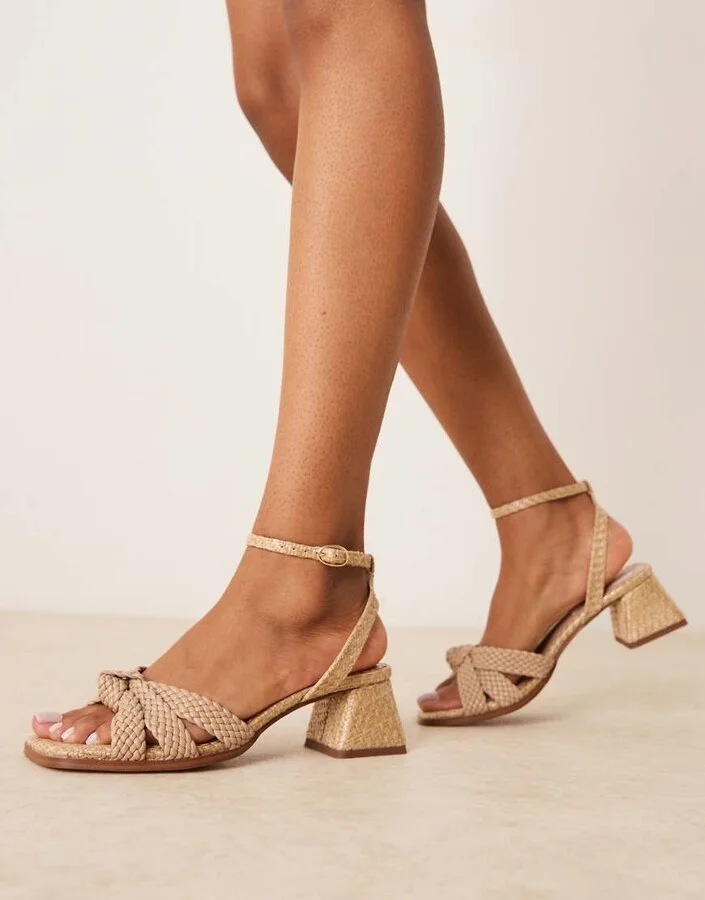 ASOS DESIGN Hummingbird weave detail mid block heel sandals in stone