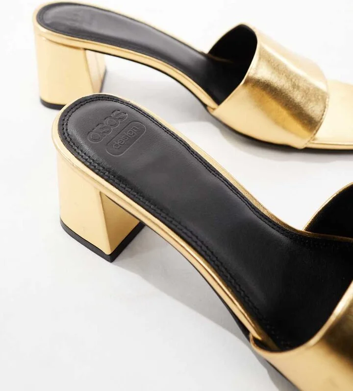 ASOS DESIGN Hundred mid block heeled mules in gold - Image 2
