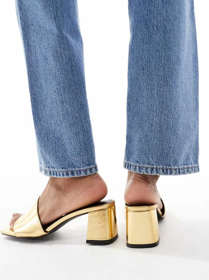 ASOS DESIGN Hundred mid block heeled mules in gold - Image 4