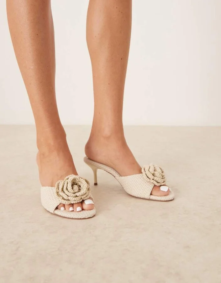 ASOS DESIGN Hush crochet mid heeled mules with flower trim in cream - Image 3