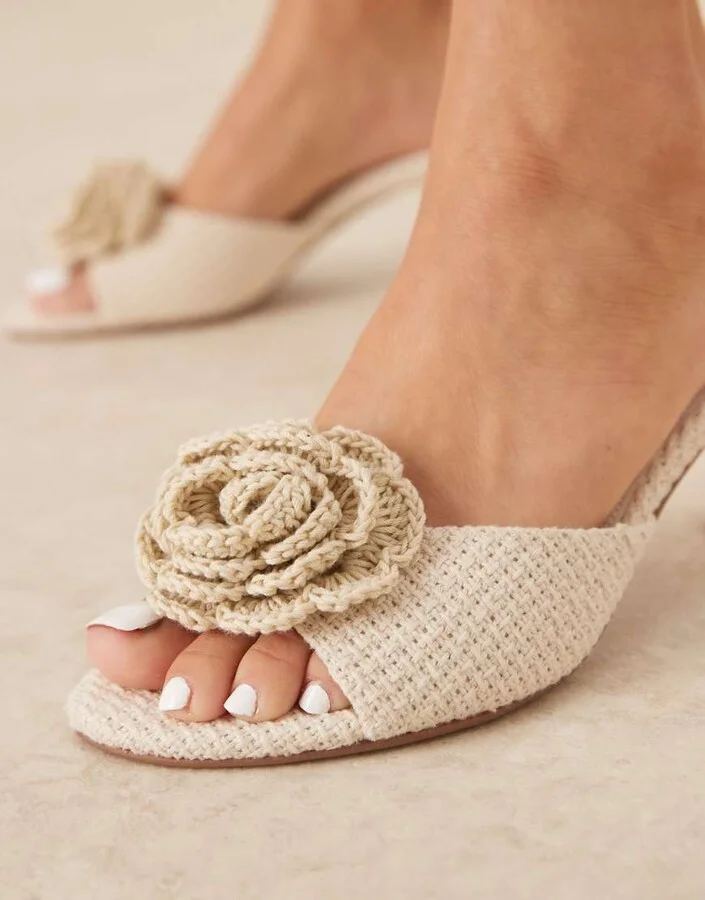 ASOS DESIGN Hush crochet mid heeled mules with flower trim in cream - Image 4